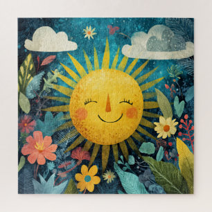 Farbige lächelnde Sonne über hübschen Blumen Puzzle