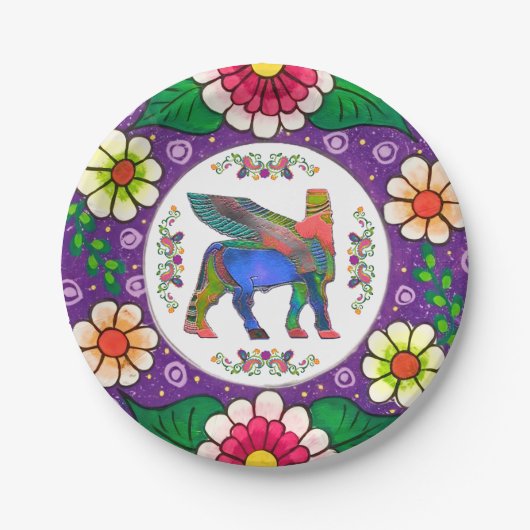 Farbige Lamassu-Blume Papierplatte Pappteller (Vorderseite)