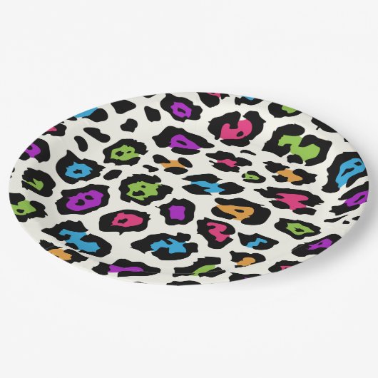 Farbige Leopardendrucke Pappteller (Schrägansicht)