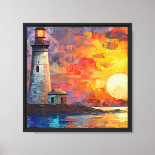 Farbige Leuchtturm-Ozean-Fantasie-Kunst im Sonnenu Leinwanddruck