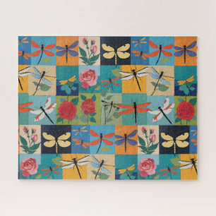 Farbige Libellen und Rosen Patchwork Puzzle