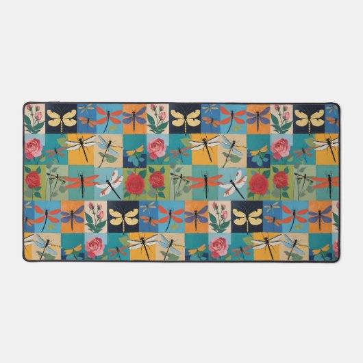 Farbige Libellen und Rosen Patchwork Schreibtischunterlage (Vorderseite)