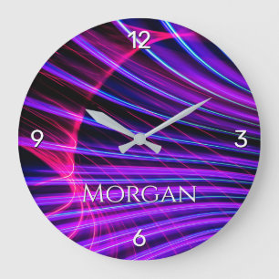 Farbige Lichtkurve auf schwarz, DIY-Name, 4 Zahlen Große Wanduhr