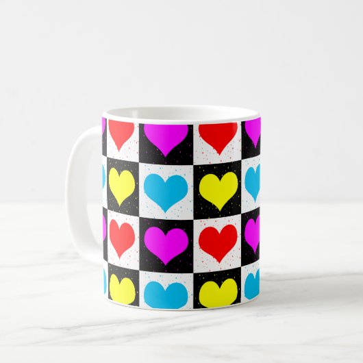 Farbige Liebe - geometrischer Blockdruck Kaffeetasse (Vorderseite Links)