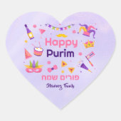 Farbige Lila Kinder Hebräisches Happy Purim Herz-Aufkleber (Vorderseite)