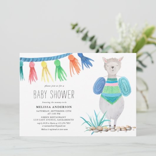 Farbige Llama Babydusche Einladung (Stehend Vorderseite)