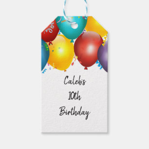 Farbige Luftballons und Konfetti als Geburtstagsge Geschenkanhänger