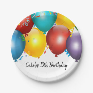 Farbige Luftballons und Konfetti Geburtstagsfeier Pappteller