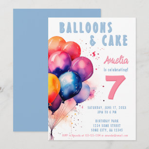 Farbige Luftballons Wasserfarbe Kinder Geburtstags Einladung