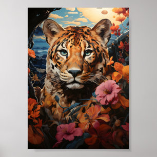 Farbige Malerei mit Tiger und Blume bei Sonnenunte Poster
