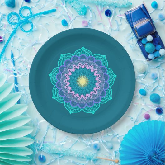 Farbige Mandala auf blauem Hintergrund Pappteller (Party)