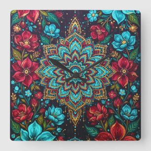 Farbige Mandala-Blumen-Wanduhr   Boho-Himeneinrich Quadratische Wanduhr