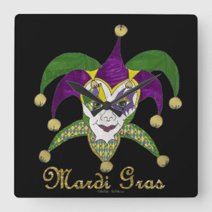 Farbige Mardi Gras Narren Maske Quadratische Wanduhr