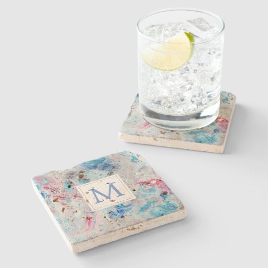 Farbige Marmortextur Monogram Steinuntersetzer (Seitenansicht)