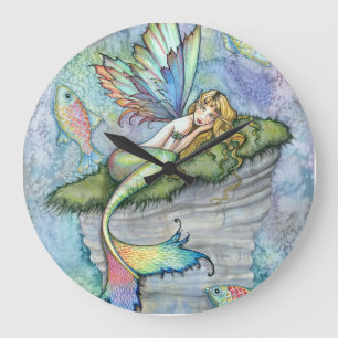 Farbige Meerjungfrau und Koi-Fisch Fantasy-Kunst Große Wanduhr