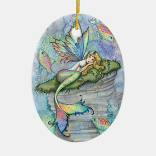 Farbige Meerjungfrau und Koi-Fisch Fantasy-Kunst Keramik Ornament
