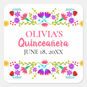 Farbige Mis Quince Anos mexikanische Fiesta Blumen Quadratischer Aufkleber