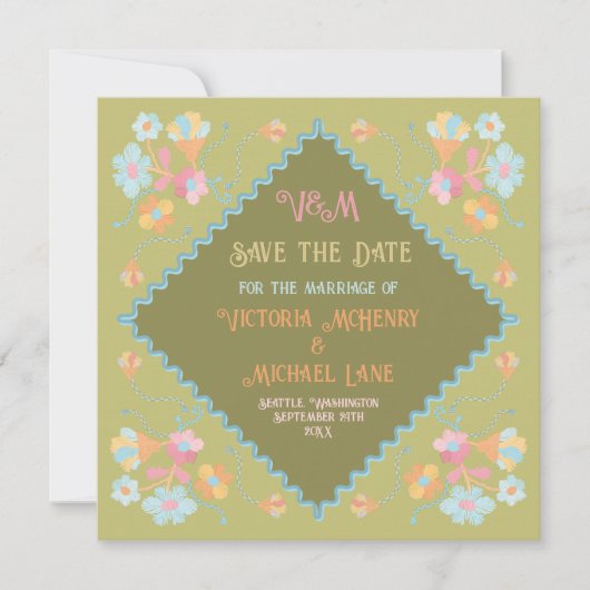 Farbige Mod Stickerei Save the Date Einladung (Vorderseite)