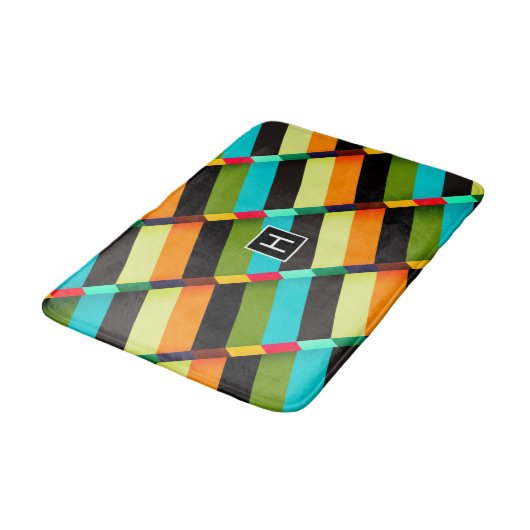 Farbige, moderne Abstrakte Streifen und Monogramm Badematte (Schrägansicht)