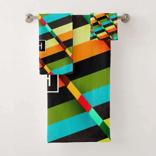 Farbige, moderne Abstrakte Streifen und Monogramm Badhandtuch Set (Insitu)