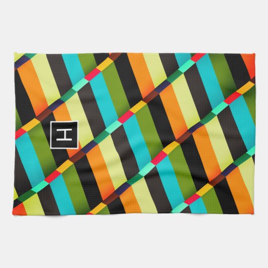 Farbige, moderne Abstrakte Streifen und Monogramm Geschirrtuch (Horizontal)