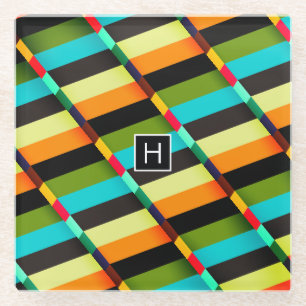 Farbige, moderne Abstrakte Streifen und Monogramm Glasuntersetzer