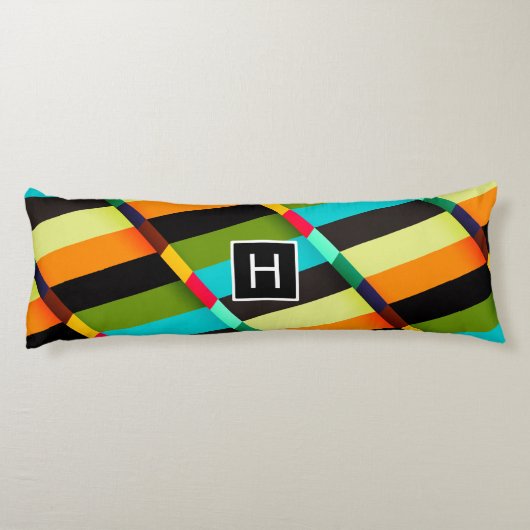 Farbige, moderne Abstrakte Streifen und Monogramm Seitenschläferkissen (Rückseite)