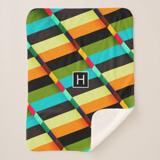 Farbige, moderne Abstrakte Streifen und Monogramm Sherpadecke (Vorderseite)
