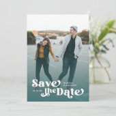Farbige moderne Retro Volles Foto Aquamarine Overl Save The Date (Stehend Vorderseite)