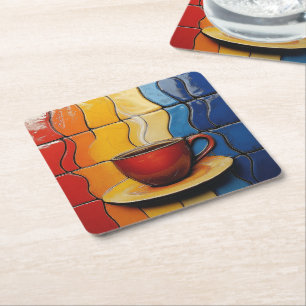 Farbige moderne rote Kaffeetasse  Rechteckiger Pappuntersetzer