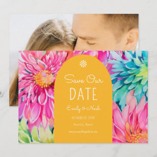 Farbige moderne tropische Blumenhochzeitsfoto Save The Date