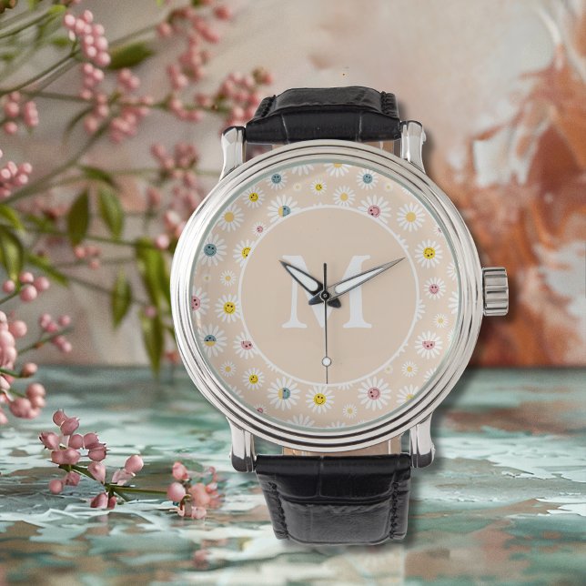 Farbige Monogramm Lächeln Daisy personalisiert Armbanduhr (Colourful Monogram Smiling Daisy personalised Watch)