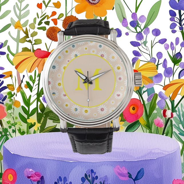 Farbige Monogramm Lächeln Daisy personalisiert Armbanduhr (Colourful Monogram Smiling Daisy personalised Watch)