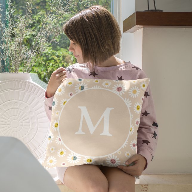 Farbige Monogramm Lächeln Daisy personalisiert Kissen (Colourful Monogram Smiling Daisy personalised Throw Pillow)
