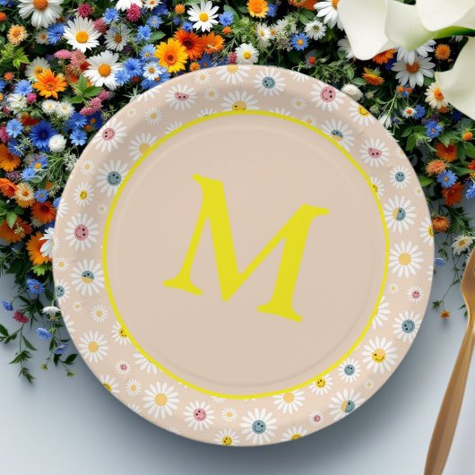 Farbige Monogramm Lächeln Daisy personalisiert Pappteller