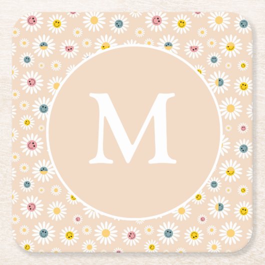 Farbige Monogramm Lächeln Daisy personalisiert Rechteckiger Pappuntersetzer (Vorderseite)