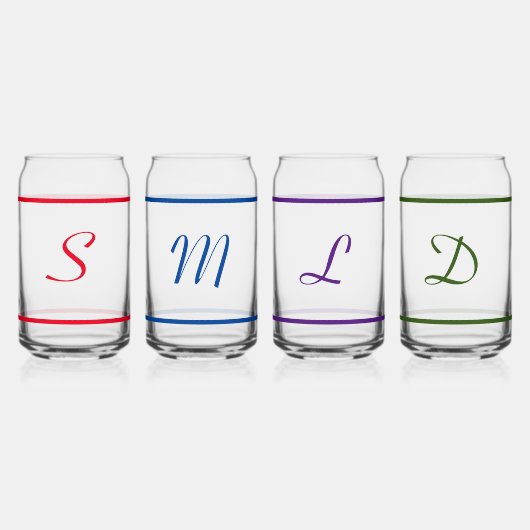 Farbige, monogrammatikalische Konserven aus Glas (Vorderseite)