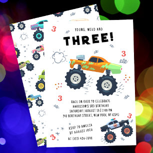 Farbige Monster Trucks Dritter Geburtstag Einladung