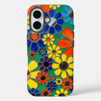 Farbige Mosaik-Kunst aus Gänseblümchen im Vintage- iPhone 16 Hülle