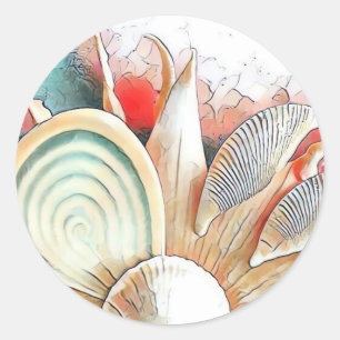 Farbige Muscheln auf Strand-Aquarellmalerei Runder Aufkleber