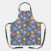 Farbige Muscheln und Algen auf blau Schürze (Vorderseite)