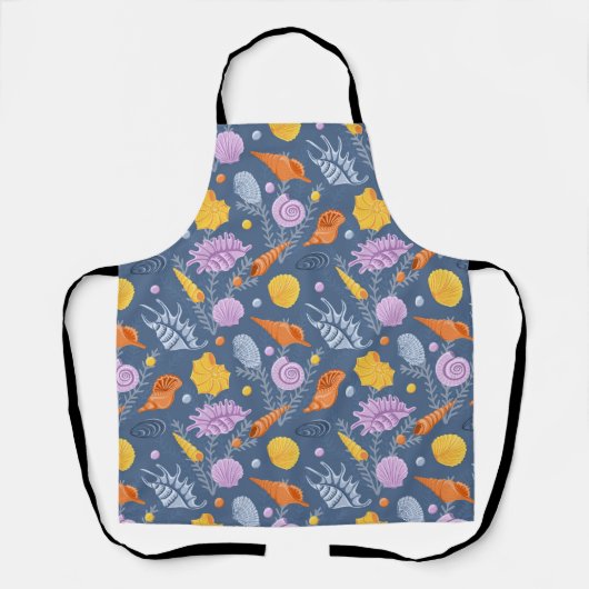 Farbige Muscheln und Algen auf blau Schürze (Vorderseite)