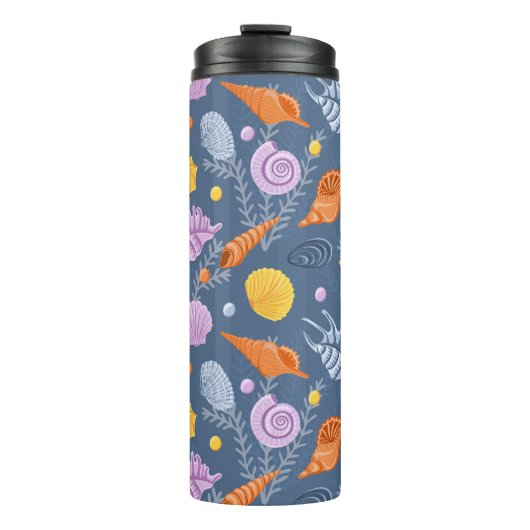 Farbige Muscheln und Algen auf blau Thermosbecher (Vorderseite)