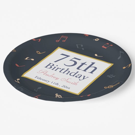 Farbige Musiknote Geburtstag Pappteller (Schrägansicht)