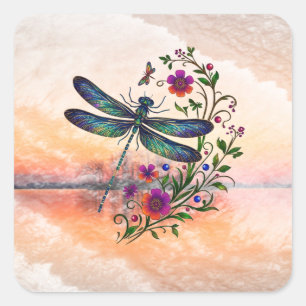 Farbige Natur Lebendige Libelle Florale Kunst  Quadratischer Aufkleber