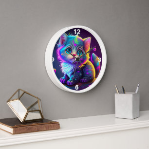 FARBIGE NEON-BLAUE-AUGEN-KÄTZCHEN-UHR UHR