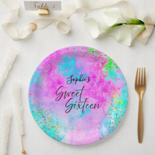 Farbige Neon-Wasserfarben-Sweet-Sixteen-Party Pappteller