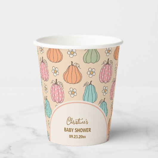 Farbige, neutrale Beige Pumpkin Pattern Baby Dusch Pappbecher (Vorderseite)