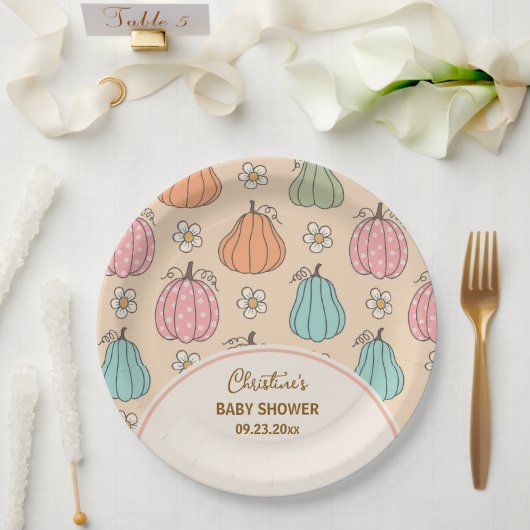 Farbige, neutrale Beige Pumpkin Pattern Baby Dusch Pappteller (Hochzeit)