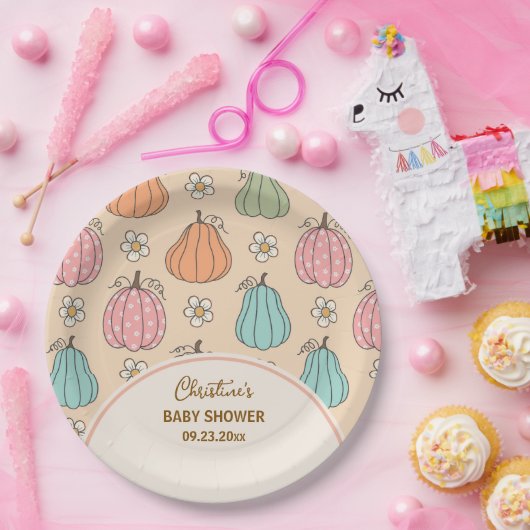 Farbige, neutrale Beige Pumpkin Pattern Baby Dusch Pappteller (Party)